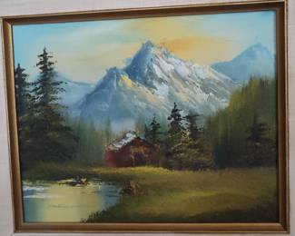 Bob Ross Style Mountain Cabin Landscape Oil Painting