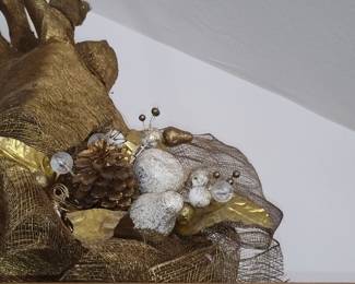 Gold Faux Fur Reindeer Christmas Decoration with Pinecones and Baubles