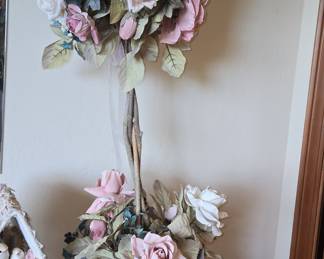 Faux Floral Rose Topiary in Decorative Pink Planter