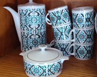 Vintage Ceramic Coffee Pot and Cups Set with Lidded Tureen
