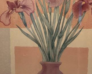 Watercolor Painting of Irises in a Vase