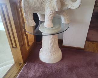 Hollywood Regency White Carved Wood Elephant Side Table