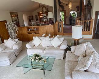 Cream Damask Upholstered Sofa, Armchair, and Ottoman Set