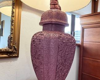 Large Carved Cinnabar Vase Lamp with Foo Dog Finial