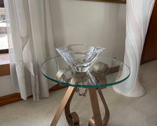 Hollywood Regency Style Gilt Wrought Iron and Glass Accent Table with Crystal Bowl