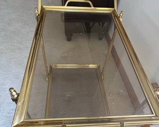 Brass and Glass Bar Cart with Tray and Goblets
