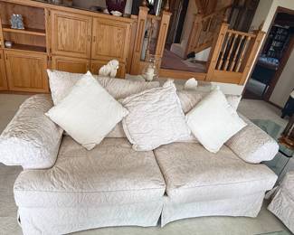 Cream Damask Upholstered Sofa, Armchair, and Ottoman Set