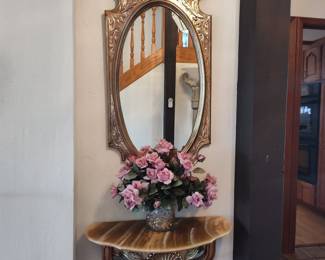 Vintage Ornate Gilt Oval Mirror with Marble Console Table