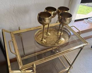Brass and Glass Bar Cart with Tray and Goblets