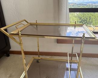 Brass and Glass Bar Cart with Tray and Goblets
