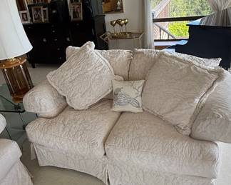 Cream Damask Upholstered Sofa, Armchair, and Ottoman Set