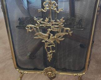 Ornate Brass French Provincial Style Fireplace Screen with Deer Motif