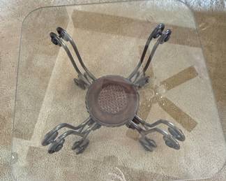 Vintage Wrought Iron and Glass Coffee Table with Cane Accent