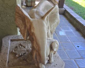 Vintage Concrete Elephant Mother and Calf Garden Statue