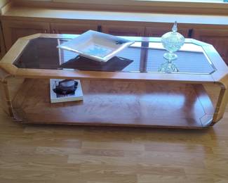 Vintage Octagonal Oak and Smoked Glass Coffee Table