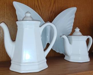 White Ceramic Teapot and Creamer Set with Butterfly Wings
