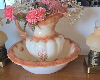 Vintage Pink Floral Pitcher and Wash Basin Set