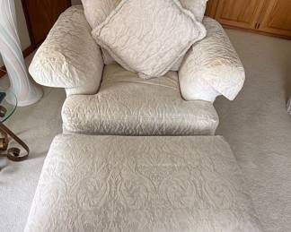 Cream Damask Upholstered Sofa, Armchair, and Ottoman Set