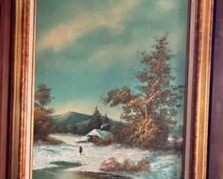 Winter Cabin Landscape Painting by A. Lynton