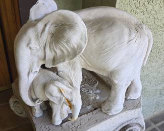 Vintage Concrete Elephant Mother and Calf Garden Statue