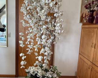 Artificial White Blossom Tree with Hydrangeas in a Decorative Planter