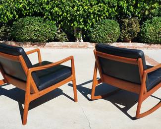 Ole Wanscher, godfather of Danish furniture, serial numbered teak lounge chair and rocker(shown with aged vintage finish--now stripped for restoration with original spring cushions)