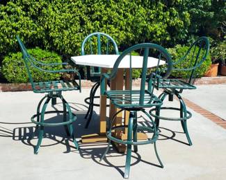 Brown Jordan Mission Teak bar height set with four aluminum chairs