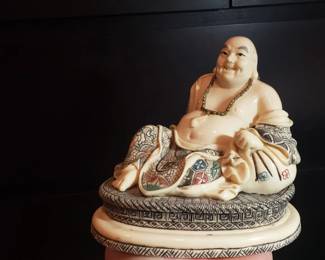 Smiling Buddha, vintage, Rare version, larger cast resin (cue ball type material), better details and double carved after casting, no chips