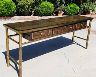 Vintage Mastercraft brass and Carpathian elm console, 106 pounds, ORIGINAL condition, super rare with 1950s? catalog pages