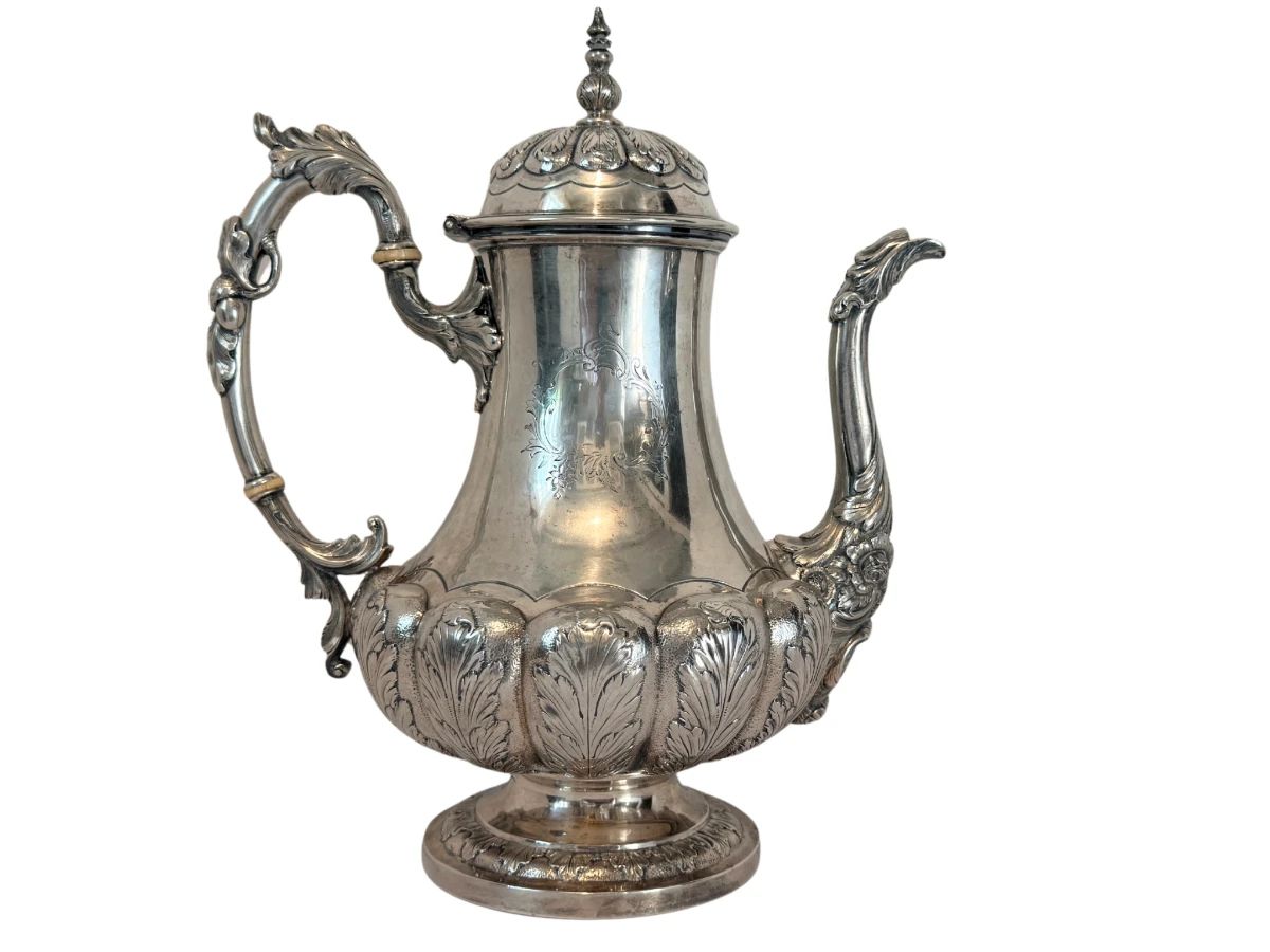 American Rococo Revival coin silver coffee pot.  This is a rare, historically significant American Rococo Revival coin silver coffee pot crafted around 1840 by Obadiah Rich, who was widely celebrated as the most important and elite master silversmith working in Boston between 1830 and 1850.  1482.7 grams 