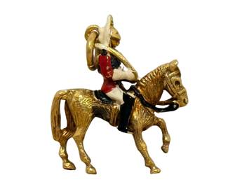 British Royal Guard Horse Soldier Gold Charm.  10ct yellow gold enamel movable charm depicting a British Royal Guard Horse Soldier (typically representing the Life Guards of the Household Cavalry). 6.7 grams