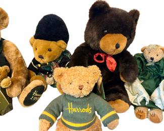  Unique Harrods Speciality Bears.   This group features several unique Harrods specialty bears, including a rare millennium edition and bears from the 1990s. Includes the 1999 Millennium Bear, 1992 Christmas Bear, 2003 William, Harrods Logo Bear, and Victorian Lady Bear.