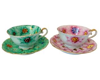  Mid-century Fine Bone China Teacups and Saucers. These vibrant teacups and saucers are mid-century fine bone china sets imported by Ardalt, featuring a distinctive all-over floral design. They are known as "Full Floral" or "All-Over Floral" sets. Instead of a single motif, the entire interior of the cup and the top of the saucer are covered in large, hand-painted blossoms.