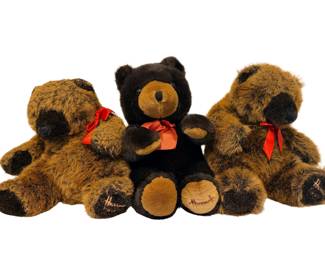  Vintage Harrods Christmas Bears.   The three plush toys in the image are part of the iconic Harrods Christmas Bear collection, each embroidered with its release year on the right foot. Includes Scott (2001), Giles (2002), and William (2003).