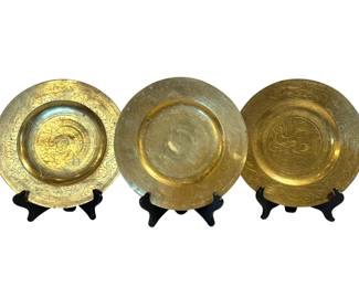  Antique Chinese Export Brass Decorative Plates.  This is a set of three Antique Chinese Export Brass Decorative Plates, likely dating from the late 19th to early 20th century (circa 1891–1915).These were popular decorative items produced in China specifically for the Western "Orientalist" trade during the Victorian and Edwardian eras. Hand-hammered and chased brass. 10"
