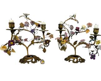  Antique Gilt-bronze and Porcelain Candelabra Pair