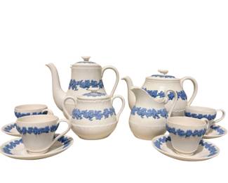 Vintage Wedgwood "Embossed Queensware" Tea Set.  This is a vintage Wedgwood "Embossed Queensware" tea set, specifically in the popular "Lavender on Cream" colorway.  Set includes teapot, coffee pot, creamer and sugar bowl, and four cups and saucers.