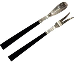  Sterling silver and ebony wood salad serving set.   Highly collectible mid-century modern solid sterling silver and ebony wood salad serving set crafted by the iconic California silversmith Allan Adler. Town & Country pattern. ~150 grams