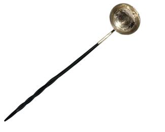 Antique Georgian Silver toddy ladle.  This exceptional object is an authentic antique Georgian silver toddy ladle (or punch ladle) dating from the mid-to-late 18th century (circa 1760–1790), featuring an integrated authentic 1702–1714 Queen Anne silver coin.