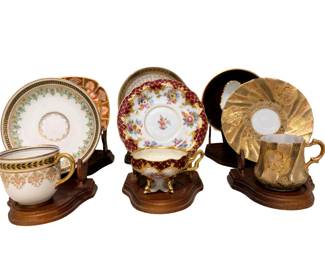  Vintage European Porcelain Teacups & Saucers. A refined collection of antique and vintage European porcelain teacups and saucers, featuring renowned manufacturers from Limoges, France, Dresden, Germany, and Spode, England. Incldes Lomges, Dresden, Spode Theodore Starr.