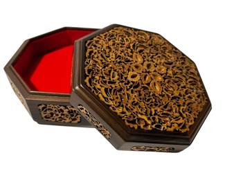  Two Walnut Korean Octagonal Jewely Boxes. Two jewelry boxes with vibrant red velvet interiors. One is 6" and the other is 4". The "walnut shell" mosaic is a traditional folk art where cross-sections of the shell are embedded in lacquer or wood to reveal their natural, lace-like internal structures.