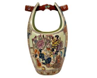  Hand painted Satsuma-style Basket Vase.   This unique vessel is a hand-painted Satsuma-style basket vase. While the "Satsuma" style originated in Japan, the markings on the base indicate this is a 20th-century Chinese export piece. 11.5" tall.