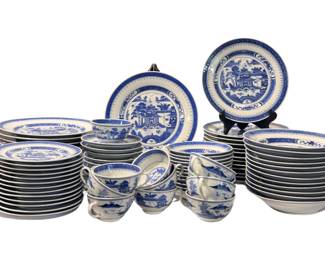 Chinese Blue & White Vintage Canton Porcelain China Set. Set includes 12 each of dinner plates, salad plates, dessert plates, bowls and berry bowls. Includes 10 tea cups and saucers.