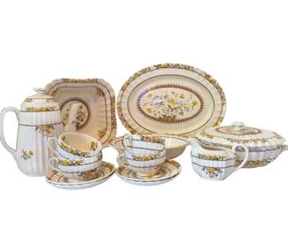  Spode Dinnerware "Buttercup" Pattern.  1 Large Oval Serving Platter, 1 Round Covered Casserole/Vegetable Dish, 1 Coffee/Tea Pot, 1 Creamer, 1 Square Serving Bowl, 1 Oval Open Vegetable Bowl, 4 Cups and 4 Saucers
