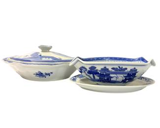  Canton Blue White Covered Tureen and Gravy Boat