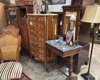 Antique cangle light vanity table, vintage tall chest, antique cupboard/china cabinet, floor lamp 