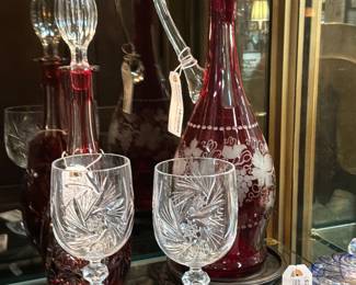 Vintage Ruby Cut to Clear Decanters, Cut Crystal Wine Glasses