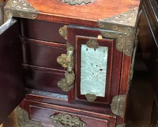 Vintage Chinese Rosewood Jewelry Box w/Brass & Pierced Jade Inlays 