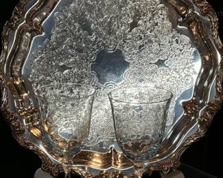Silver Plate Tray, Etched Stemware 