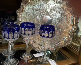 Ornate silverplate Tray, Set of 4 Blue Cut to Clear Wine Glasses